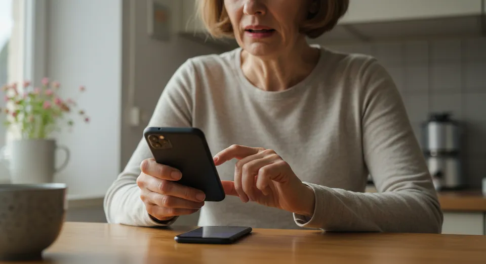 Mulher preocupada usando smartphone na cozinha.