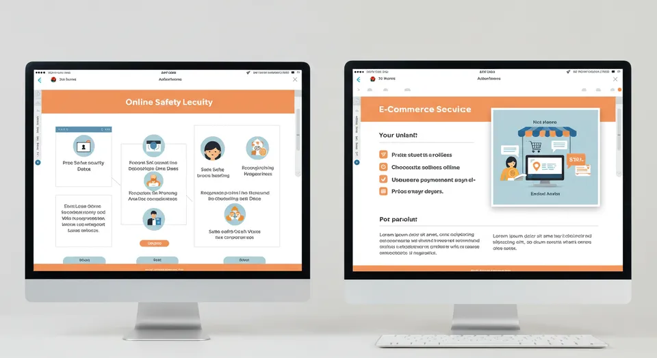 Dois monitores exibindo segurança online e serviço de e-commerce.