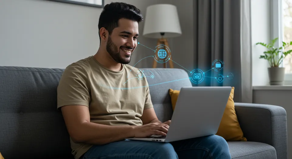Homem sorridente usando notebook no sofá com ícones digitais flutuando.