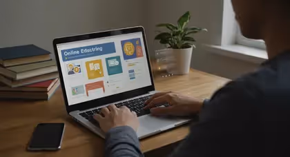 Pessoa estudando em notebook com plataforma de ensino online aberta.