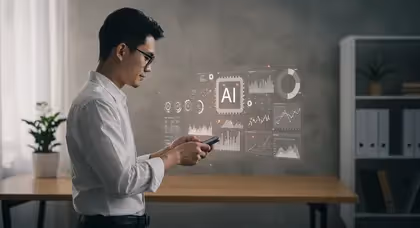 Homem analisa dados de inteligência artificial no celular