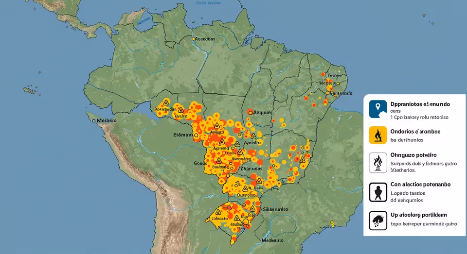 Mapa do Brasil mostra focos de incêndio e riscos ambientais