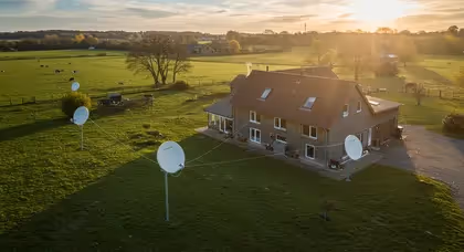 Casa no campo conectada à internet via antenas parabólicas
