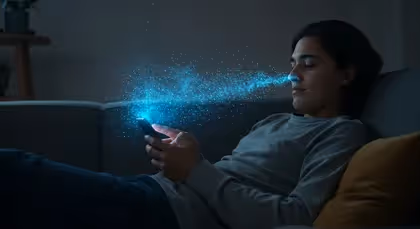 Pessoa deitada no sofá acessa celular com efeito digital