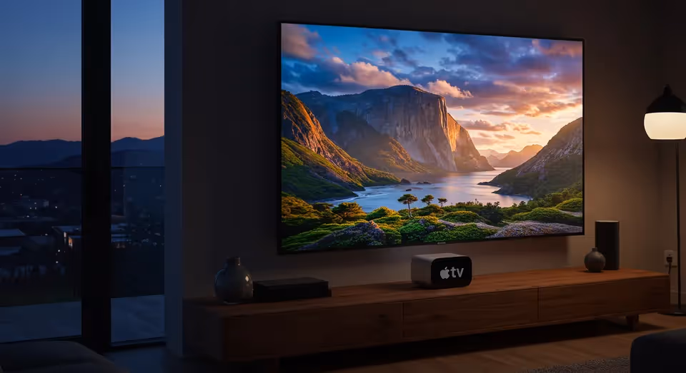 Sala de estar com TV exibindo paisagem em alta resolução