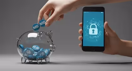 Cofrinho de vidro com moedas de dados e celular seguro