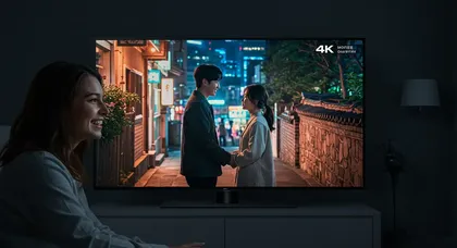 Mulher sorri enquanto vê casal em TV 4K