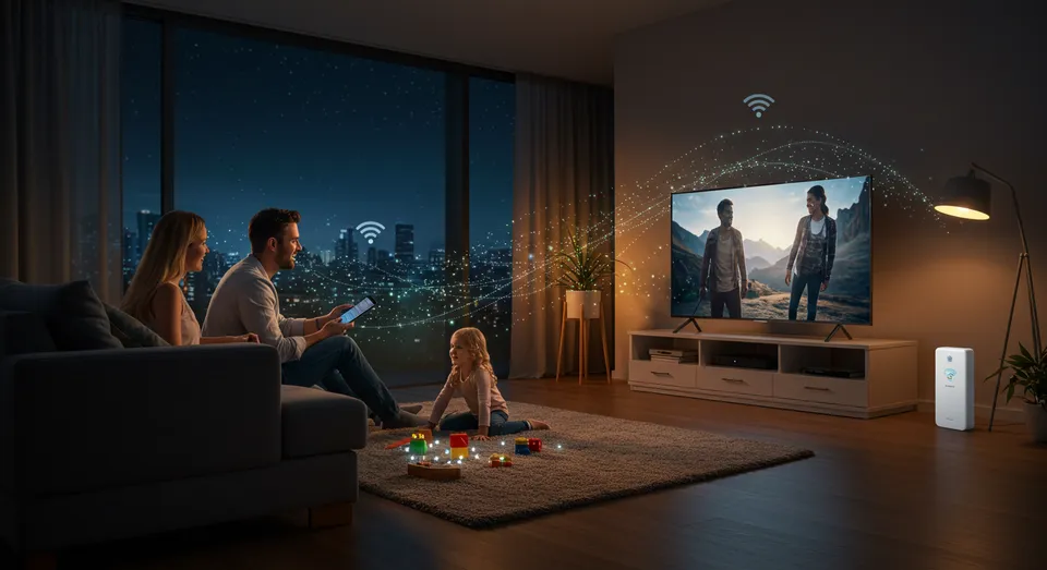 Família usa internet rápida em casa conectada à TV