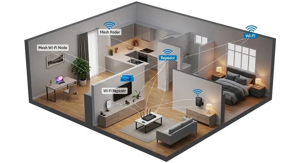 Casa com rede Wi-Fi mesh e repetidores conectados