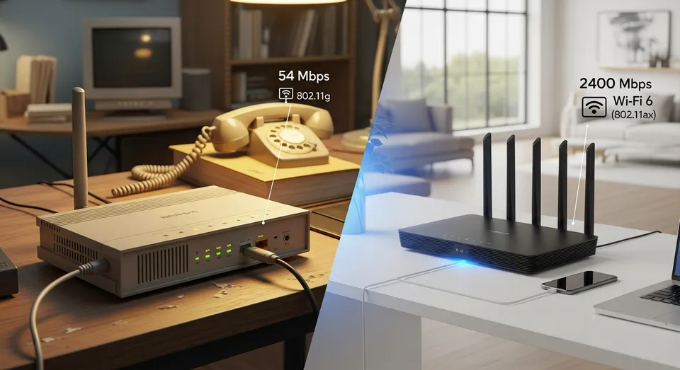 Comparação entre roteador antigo 54 Mbps e Wi-Fi 6