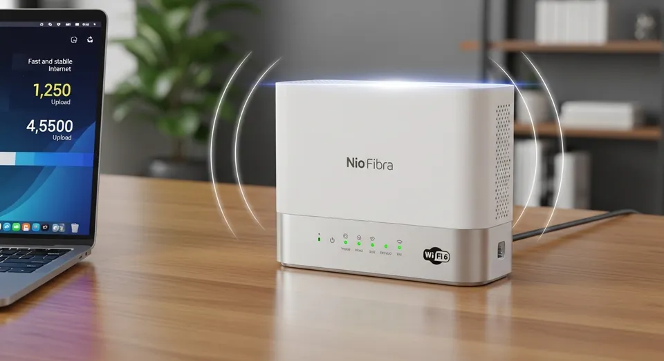 Modem fibra óptica Wi-Fi 6 conectado a notebook