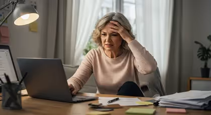 Mulher frustrada tentando resolver problemas no computador