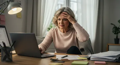 Mulher frustrada tentando resolver problemas no computador