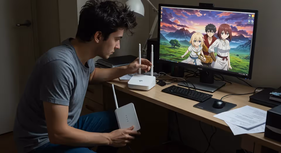 Jovem configura roteador ao lado de PC com fundo de anime