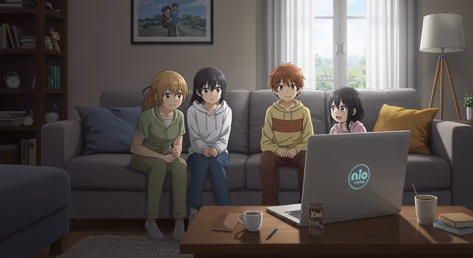 Grupo de amigos em sofá assiste conteúdo online em notebook