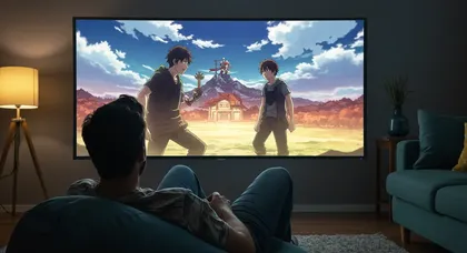 Homem relaxa assistindo anime em TV grande com cores vibrantes