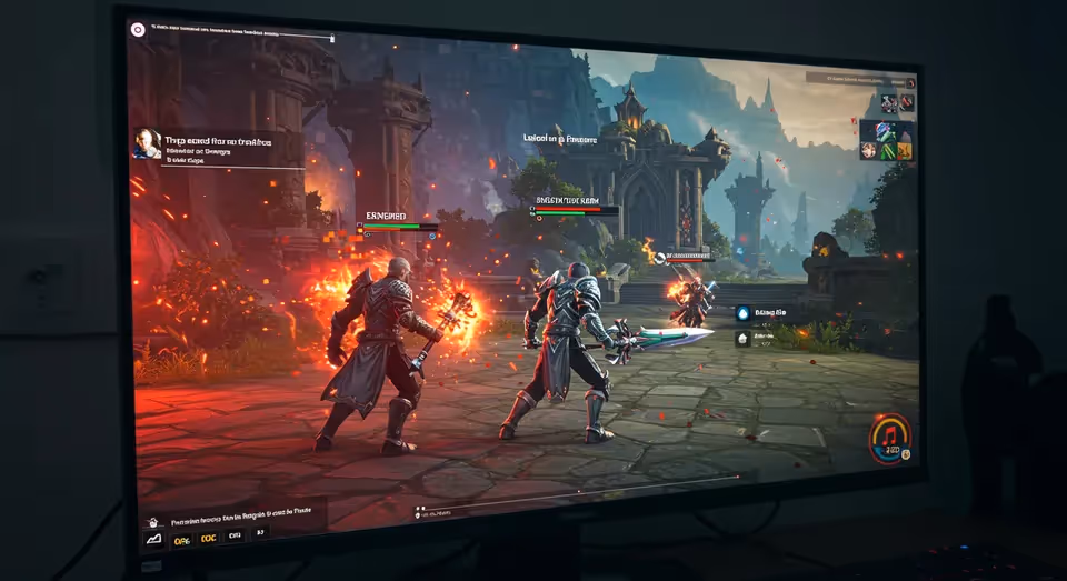 Tela de jogo RPG com guerreiros em batalha e efeitos de fogo
