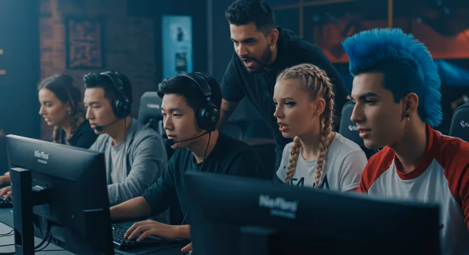 Jogadores de e-sports competem lado a lado com treinador