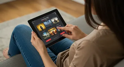 Usuária navega em catálogo de streaming em tablet digital