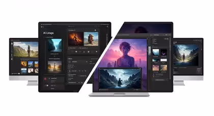 Softwares de criação digital exibidos em notebooks e PCs