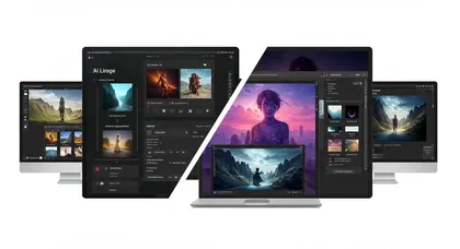 Softwares de criação digital exibidos em notebooks e PCs