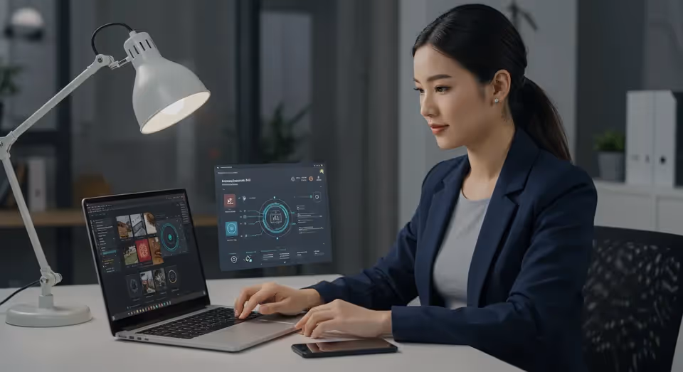 Mulher trabalhando em laptop com painel de dados na tela.