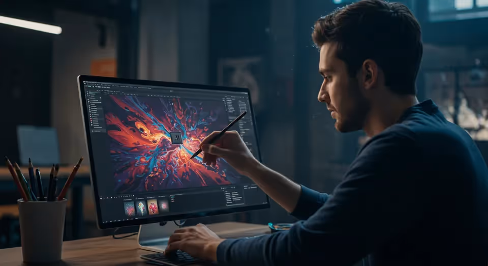Homem criando arte digital em computador com tablet.