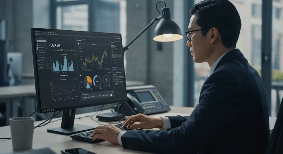 Homem analisando gráficos no computador com Flux AI.