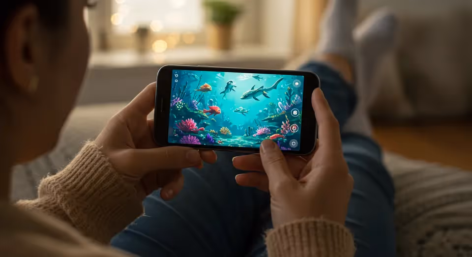 Pessoa jogando em smartphone com gráficos subaquáticos.