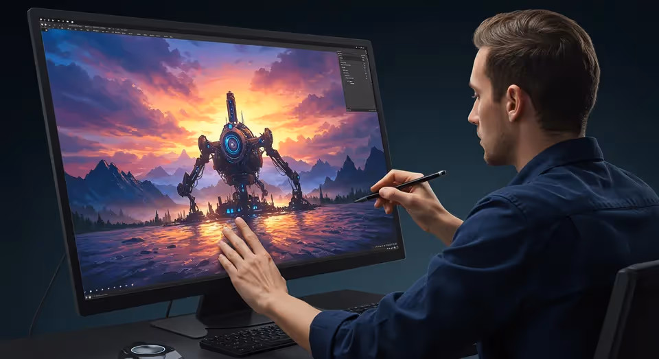 Artista digital criando robô futurista em tela grande.