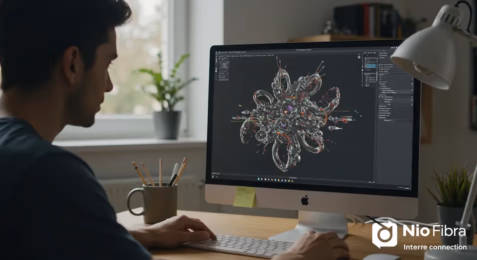 Homem modelando arte digital complexa em iMac.