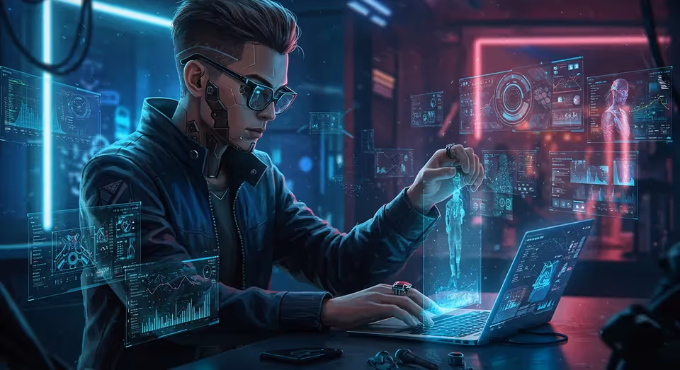 Arte cyberpunk de jovem programador com hologramas 3D.