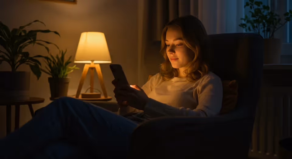 Mulher relaxa em poltrona à noite olhando celular.