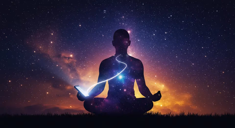 Silhueta meditando conectada a celular sob estrelas.
