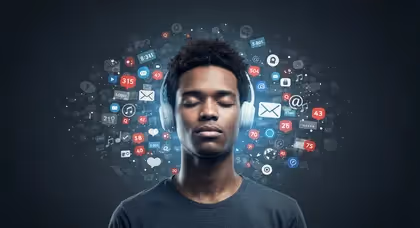 Rapaz com fones fechado em meio a notificações virtuais.