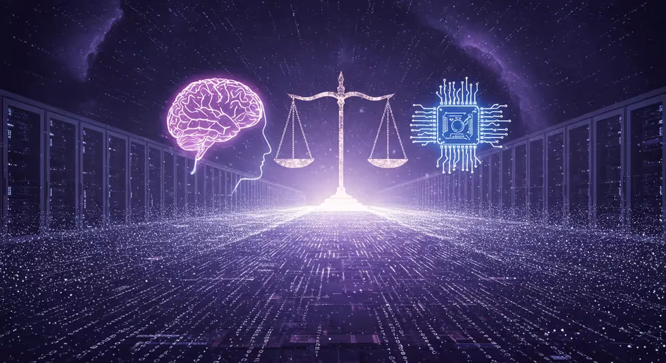 Balança digital entre cérebro humano e chip de inteligência artificial