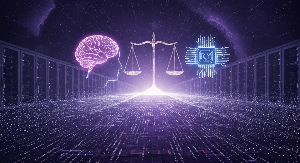 Balança digital entre cérebro humano e chip de inteligência artificial