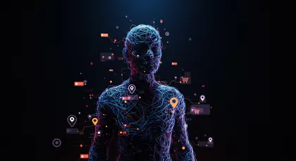 Corpo humano digitalizado com pontos de dados interligados