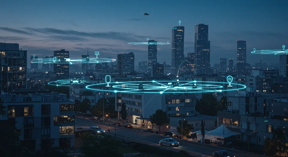 Cidade inteligente com conexões digitais visíveis