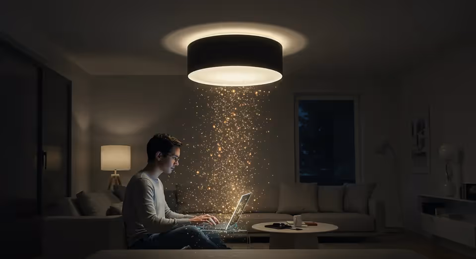 Homem usando notebook com luz digital mágica do teto