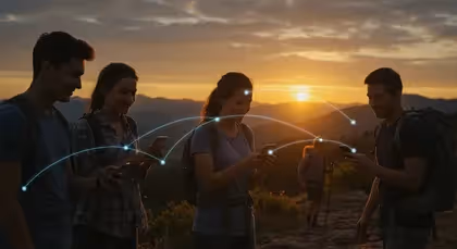 Jovens conectados por rede digital ao pôr do sol