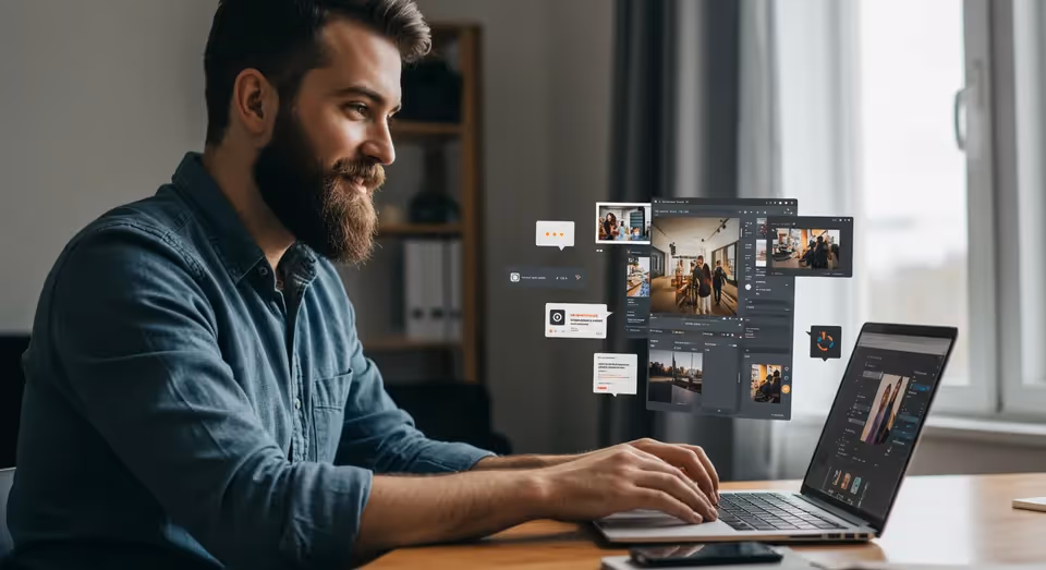 Homem trabalhando em laptop com softwares digitais