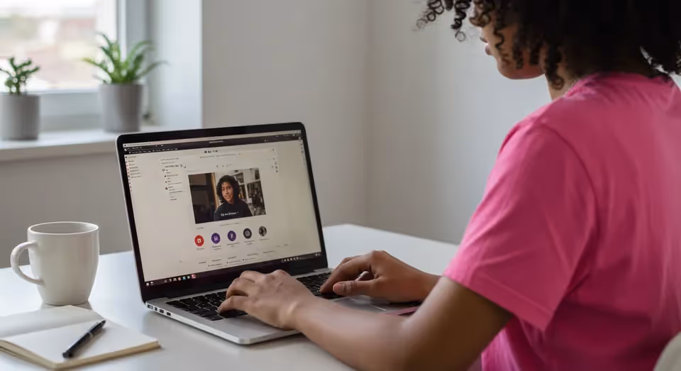 Mulher em videoconferência no notebook em casa