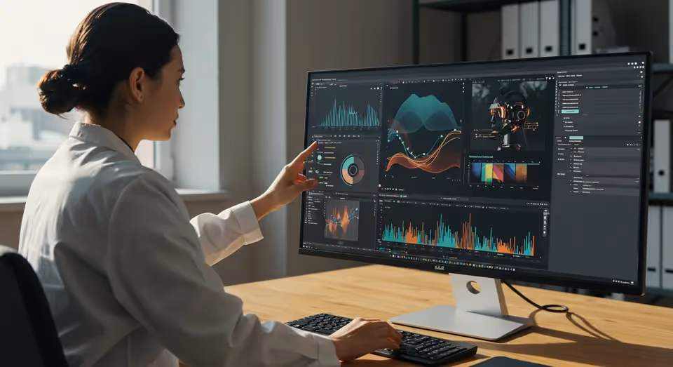 Mulher analisando gráficos digitais em tela ultrawide