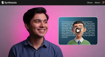 Jovem sorridente ao lado de avatar Synthesia em vídeo