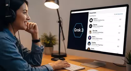 Mulher utilizando fones e IA Grok 3 em computador
