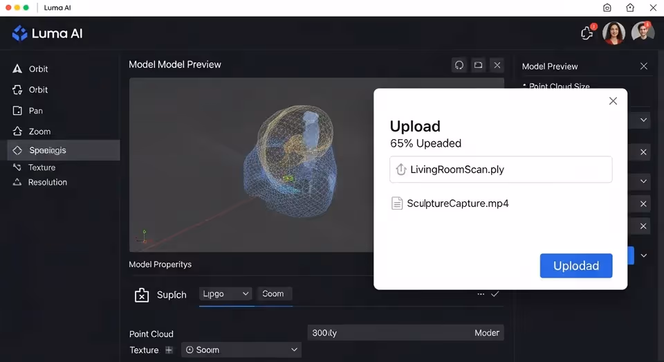 Interface do Luma AI mostra upload e prévia de modelo 3D
