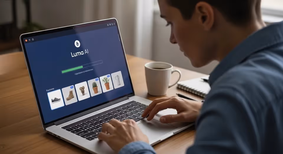 Mulher utiliza Luma AI no notebook para organizar produtos