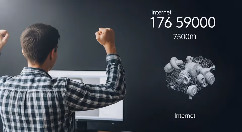Homem comemora frente ao monitor com modelo 3D exibido