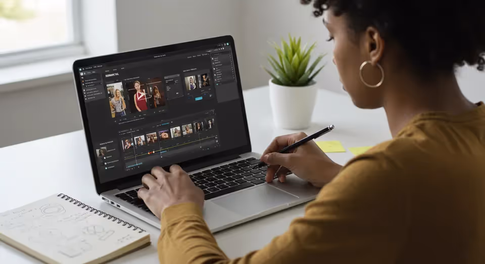 Mulher edita fotos e vídeos em software de design no laptop